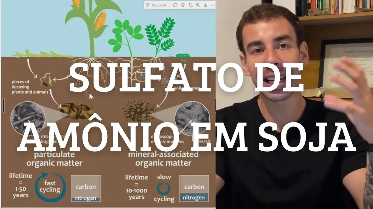 Caetano explica sulfato de amônio em soja ao lado de um esquema da matéria orgânica do solo